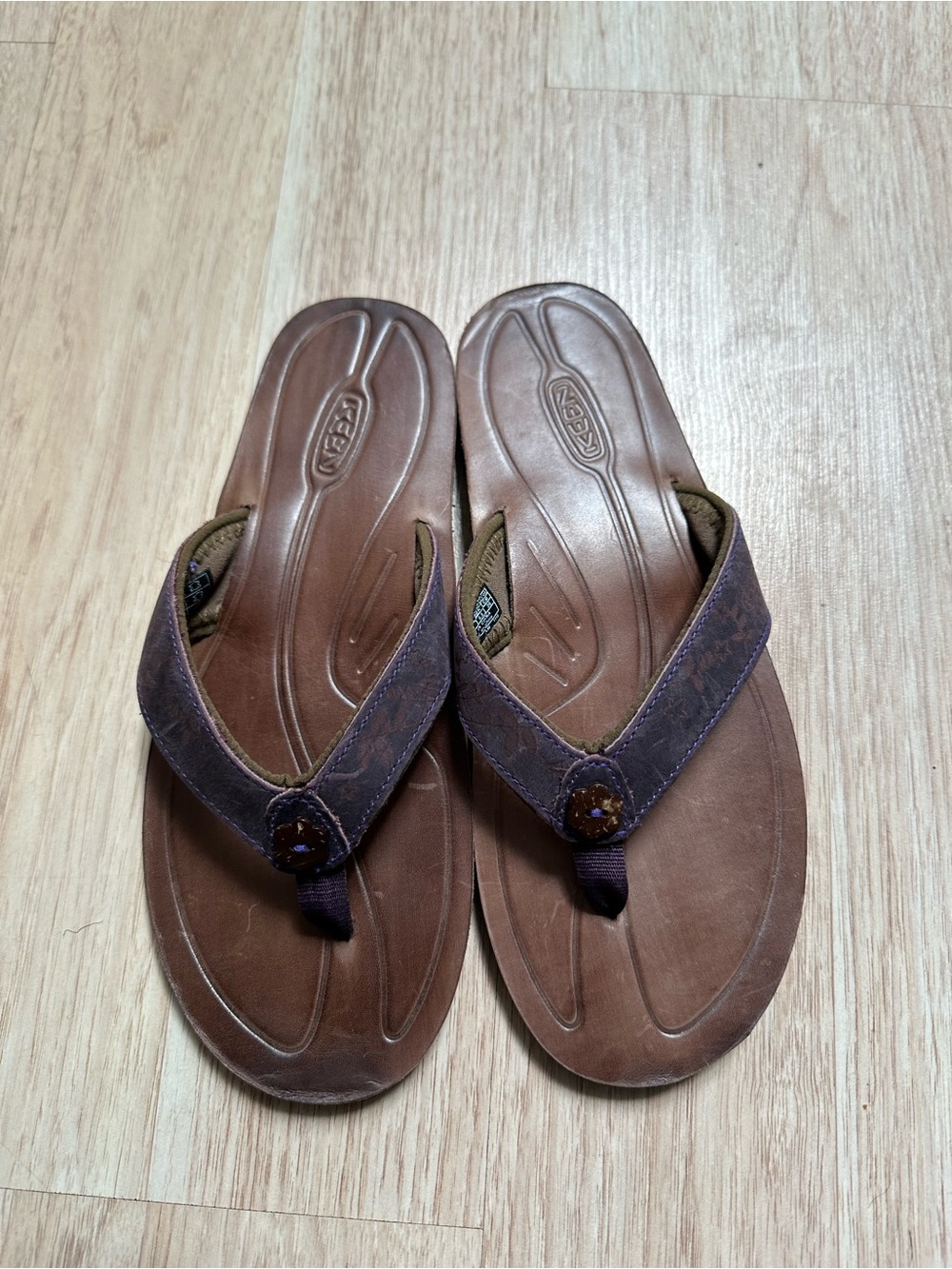 KEEN Brown and Purple Leather Flip Flop Sandals